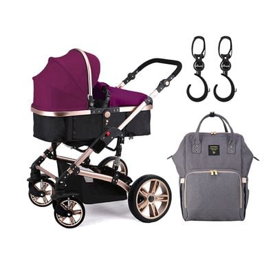 Teknum 3 in 1 Pram Stroller - Wine + Sunveno Diaper Bag Grey + Hooks